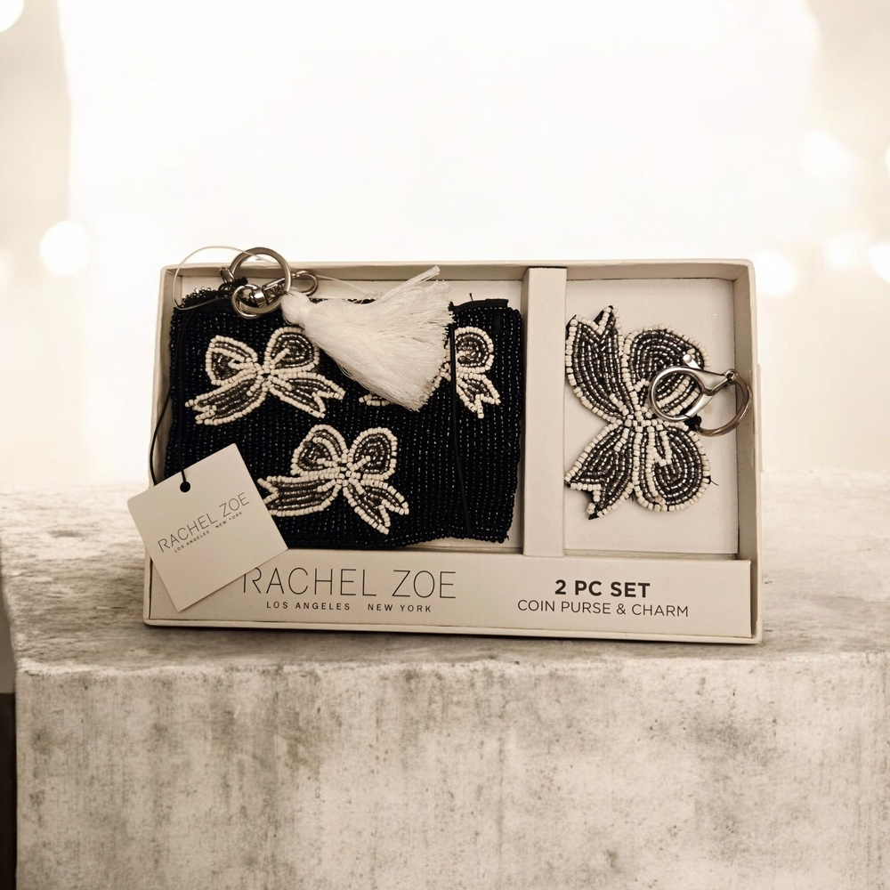 NEW Rachel Zoe Elegant 2 Piece Beaded Black&White Silver Bow Coin Purse & Charm